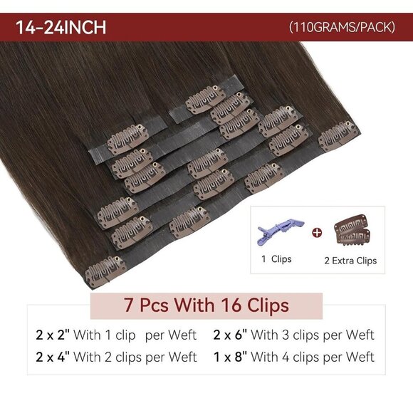 Real Human Hair Extensions Clip Ins 16 Inch Dark Brown 7 Pcs Seamless main image 8